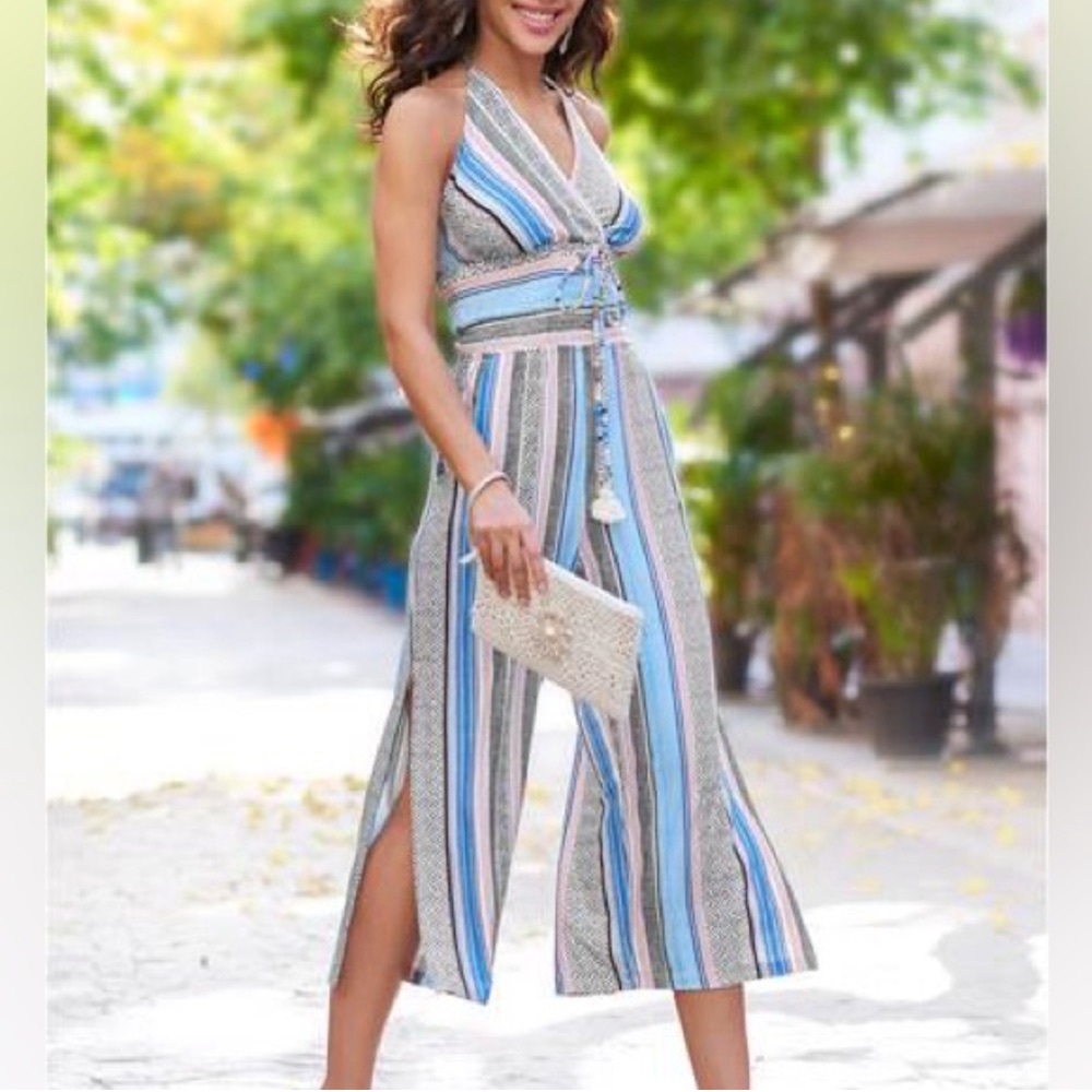 Venus Multicolored Striped Halter Wide Leg Jumpsuit Leg Slits Tassels Si…